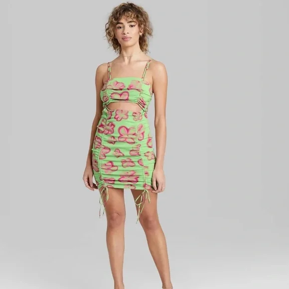 Wild Fable Sleeveless Cut Out Ruched Front Bodycon Dress S Mint Green Floral